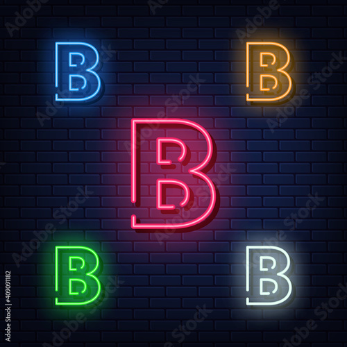 Neon letters, five colors red, blue, green, yellow, white. Isolated font on dark blue brick wall background. Vector illustration eps 10.