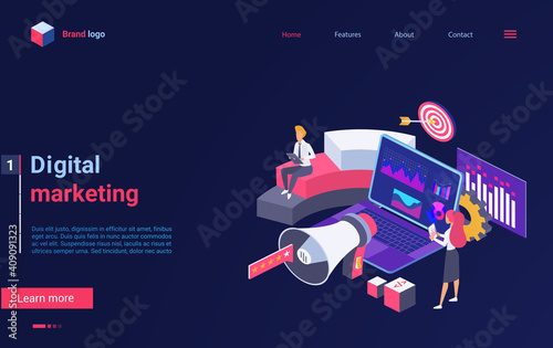 Digital marketing technology isometric vector illustration. Cartoon 3d marketer people standing next to megaphone and laptop with graphic data on screen, work with audience and content landing page