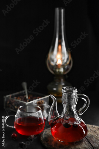 Fruit red tea, on black background