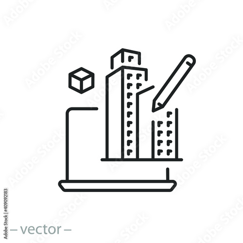 building information modeling icon, development architecture process, construction management technology, thin line symbol on white background - editable stroke vector illustration eps10