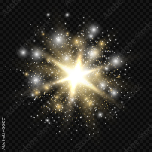 Star burst with sparkles. Golden and silver light flare effect with stars, sparkles and glitter isolated on transparent background. Vector illustration of shiny glow star with stardust, lens flare