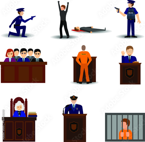 Law design concept with round compositions of flat crime and justice related icons with human characters vector illustration