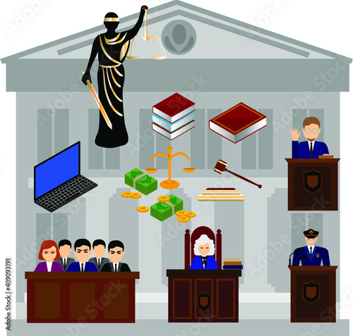 Law design concept with round compositions of flat crime and justice related icons with human characters vector illustration