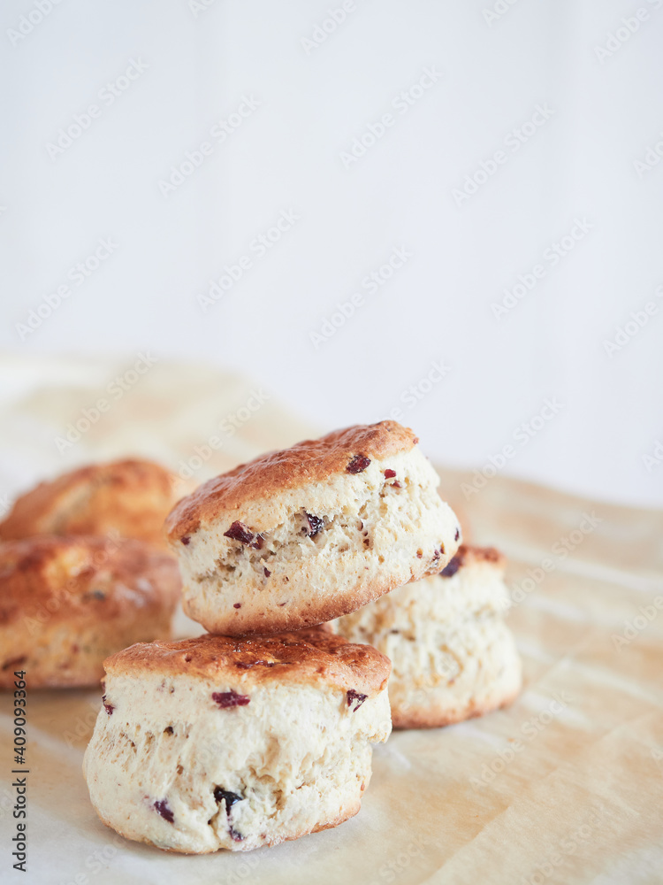 Scons with dried cranberry pieces on baking paper. Individual round-shaped bread roll, typical of UK cuisine. Focus on foreground, white background with copy space Scons with dried cranberry pieces on baking paper. Individual round-shaped bread roll, typical of UK cuisine. Focus on foreground, white background with copy space