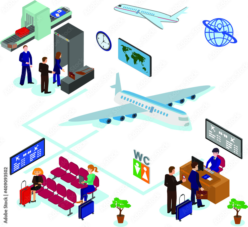 Icons set of different airport elements from airplane and terminal to passenger isolated vector illustration