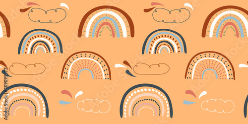 Vector illustration. Seamless background. Colorful rainbow pattern. Design elements for banner, web page, print. Baby cute design graphic. Minimal hand drawn style. Simple doodle shapes. Abstract art.