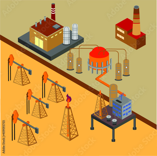 Oil production isometric composition with industrial buildings, derricks, tanks for storage, transportation on desert background vector illustration.