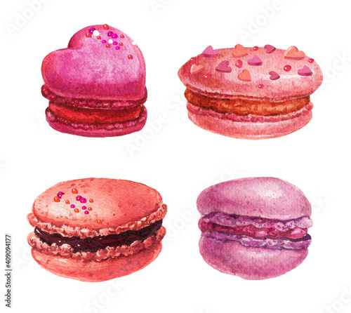 Valentine's macaroons clipart.Watercolor pink raspberry macarons.Set of French macarons.Vector watercolor bakery clipart.Watercolor sweet desserts.