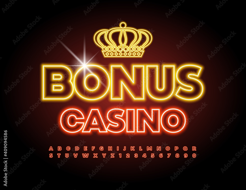 Vector neon logo Bonus Casino. Modern electric Font. Red Glowing Alphabet Letters and Numbers