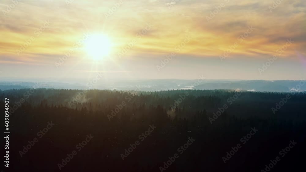 Aerial beautiful winter forest in sunrise or sunset light. Top view hilly area, early spring, woodland lit with morning sunlight, sun beams. Drone flying over treetops. Colorful landscape Aerial beautiful winter forest in sunrise or sunset light. Top view hilly area, early spring, woodland lit with morning sunlight, sun beams. Drone flying over treetops. Colorful landscape