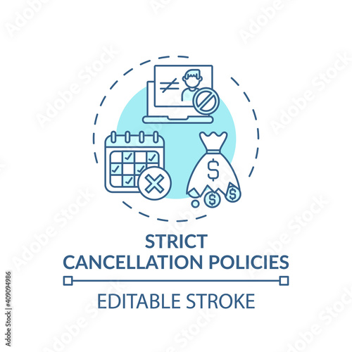 Strict cancellation policies concept icon. Online english teaching challenges. Hard to cancel planned study idea thin line illustration. Vector isolated outline RGB color drawing. Editable stroke
