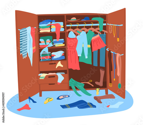 Cartoon Color Messy Wardrobe Concept. Vector