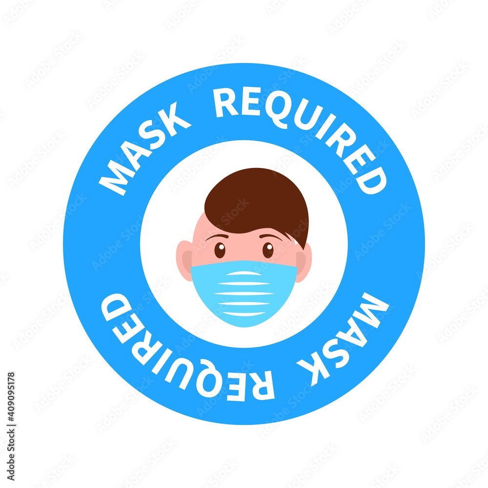 Face with required blue mask icon. Coronavirus safety pandemic and mandatory wearing of protective mask for prevention vector respiratory infection. Face with required blue mask icon. Coronavirus safety pandemic and mandatory wearing of protective mask for prevention vector respiratory infection.