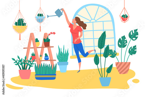 Cartoon Color Character Person Woman at Home with Green Plant Concept. Vector