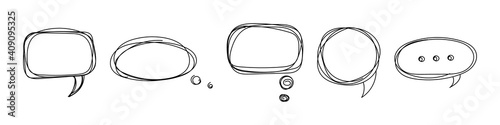 Pencil drawn speech bubbles frame icons. Cloud dialogues with black communication contour doodle comments and swirl vector arguments.