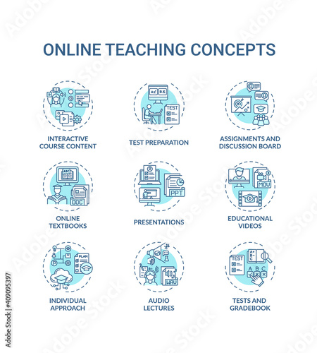 Online teaching concept icons set. Interactive course content. Online learning textbooks and materials idea thin line RGB color illustrations. Vector isolated outline drawings. Editable stroke