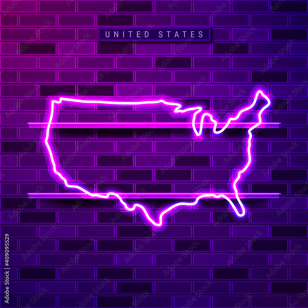 United States map glowing neon lamp sign. Realistic vector illustration. Country name plate. Purple brick wall, violet glow, metal holders. United States map glowing neon lamp sign. Realistic vector illustration. Country name plate. Purple brick wall, violet glow, metal holders.