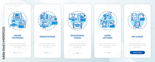 Online teaching digital resources onboarding mobile app page screen with concepts. Presentations walkthrough 5 steps graphic instructions. UI vector template with RGB color illustrations