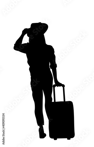 Woman with suitcase travelling silhouette. Tourist vector illustration isolated on white background.