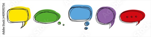 Pencil drawn speech bubbles with color blots icons. Yellow dialogues with green communication clouds blue comments and red aggressive vector arguments.