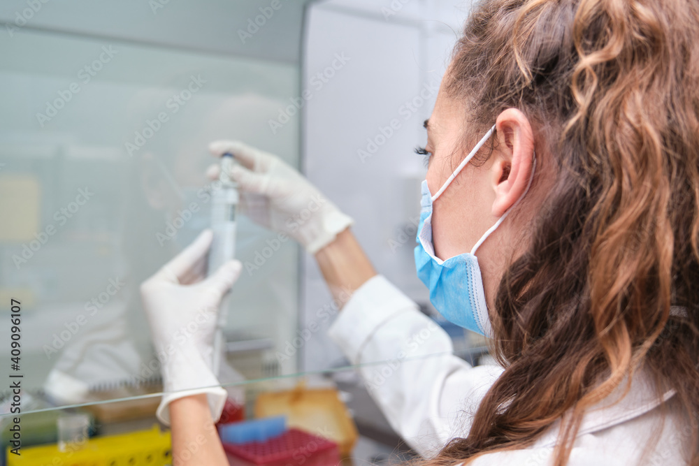 Young female scientist wearing face mask during an experiment in a laminar flow hood. Laboratory research concept. Young female scientist wearing face mask during an experiment in a laminar flow hood. Laboratory research concept.