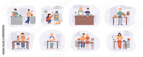Collection of cartoon smiling people cooking on home interior kitchen table. Various cartoon set man, woman, couple family preparing food. Vector illustration isolated on white background