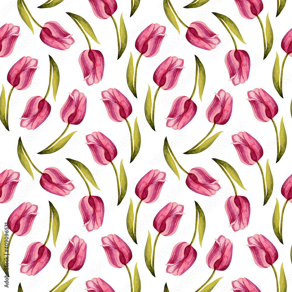 Seamless pattern with pink tulips. Watercolor spring flowers. Floral background for greeting cards, scrapbooking, textiles. Hand drawing
