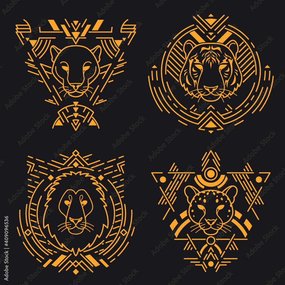 Animal linear head set in tribal frames.Vector colorful illustration in flat style