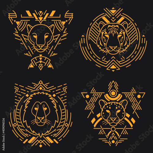 Animal linear head set in tribal frames.Vector colorful illustration in flat style