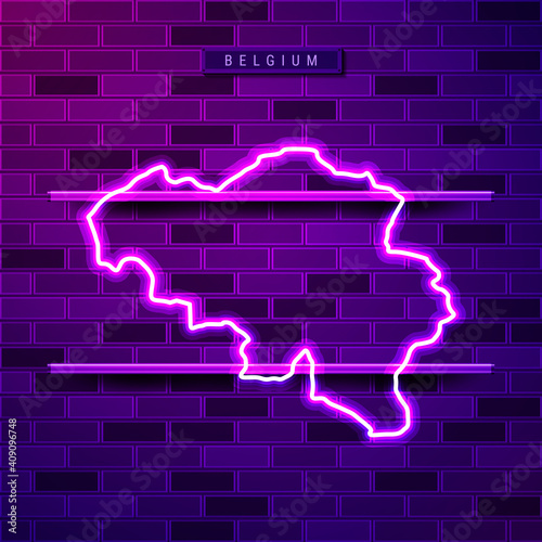 Belgium map glowing neon lamp sign. Realistic vector illustration. Country name plate. Purple brick wall, violet glow, metal holders.