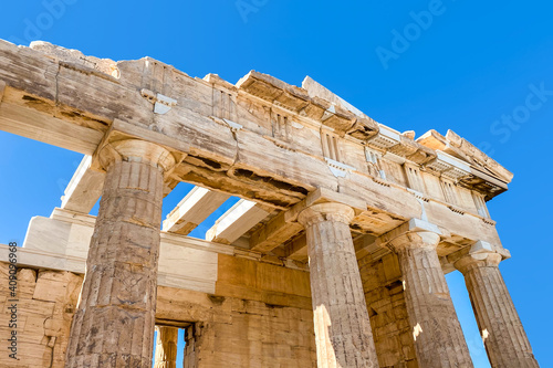 Detailed view of the   olonnade of The Acropolis of Athens  Greece