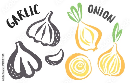 Garlic and onion set hand painted with ink brush