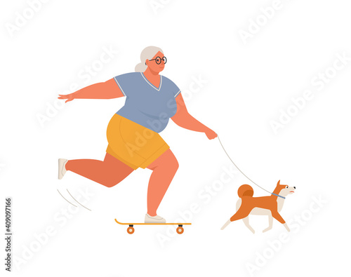 Elderly woman riding skateboard or longboard with dog. Recreational and healthy sport activities for grandmother. Flat cartoon vector illustration.