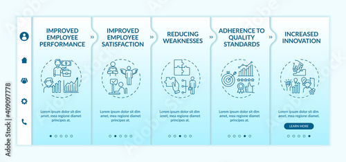 Employee training and development benefits onboarding vector template. Worker satisfaction. Quality standards. Responsive mobile website with icons. Webpage walkthrough step screens. RGB color concept