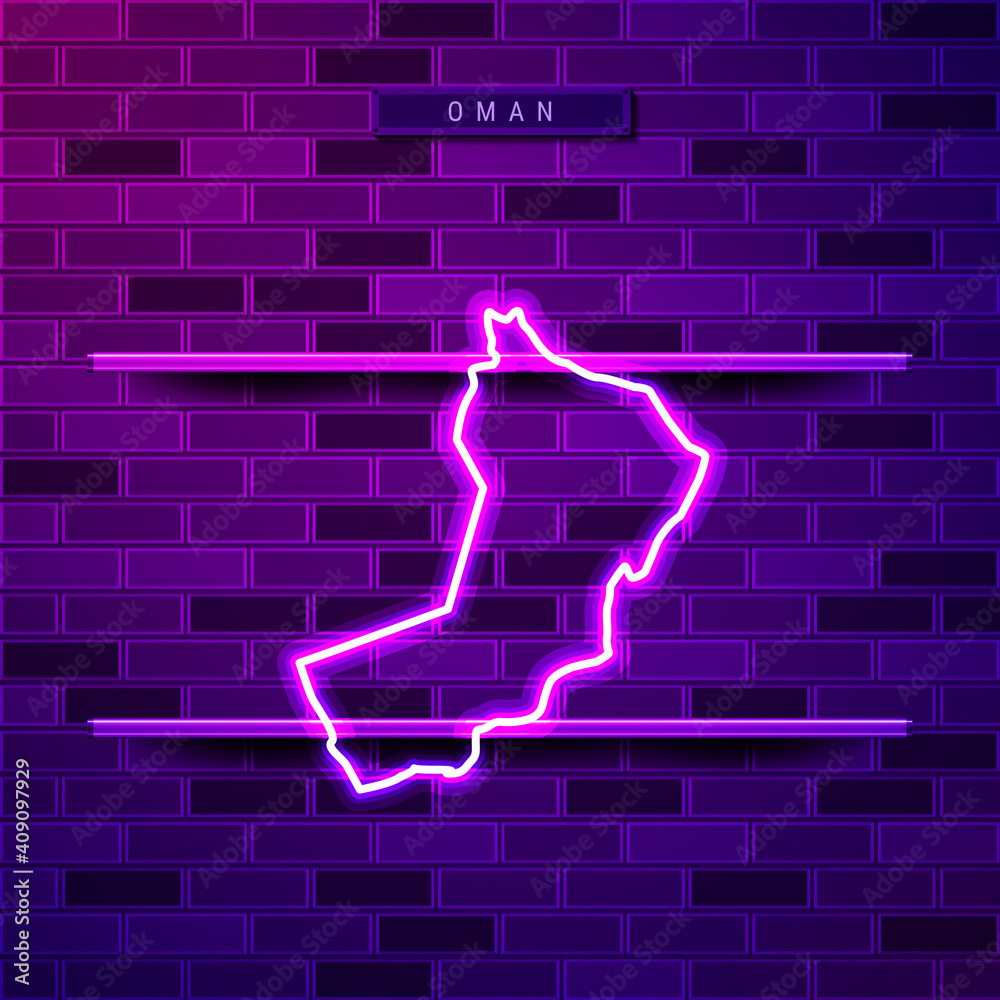 Oman map glowing neon lamp sign. Realistic vector illustration. Country name plate. Purple brick wall, violet glow, metal holders. Oman map glowing neon lamp sign. Realistic vector illustration. Country name plate. Purple brick wall, violet glow, metal holders.