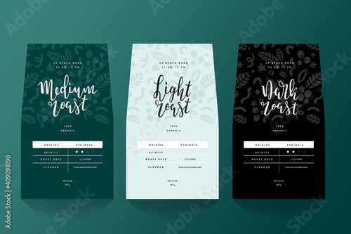 Coffee label for pouch bag, branding packaging design for light, medium and dark roast blends. Vector template for coffee shop. Modern design with green color and floral illustration