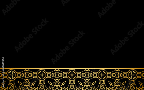 Geometric black background with artistic ethnic gold ornaments at the bottom in the form of stripes. Design for wallpapers, business cards, websites, presentations.