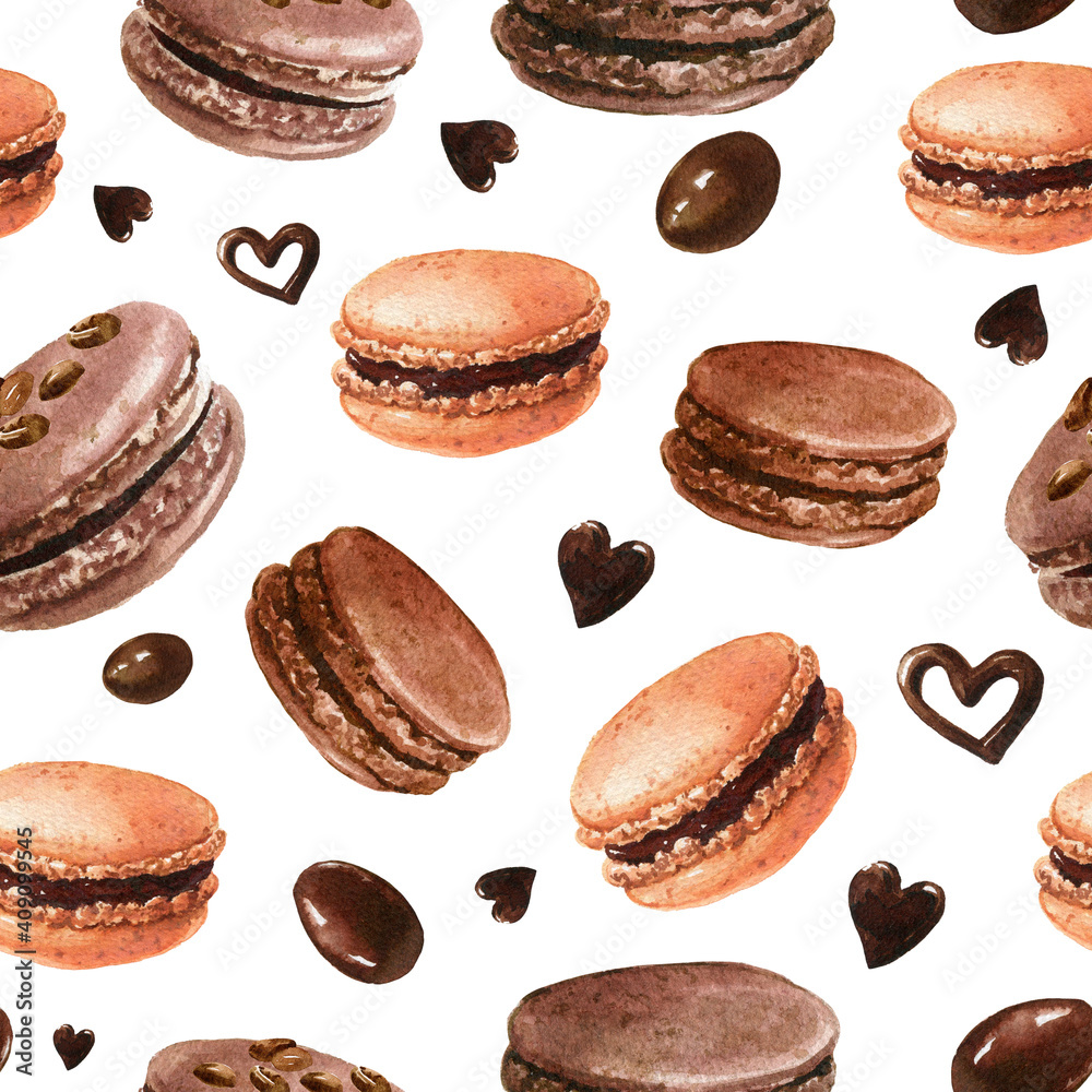 Valentine's macaroons seamless pattern.Watercolor chocolate macarons background.Watercolor bakery clipart.Watercolor sweet desserts.