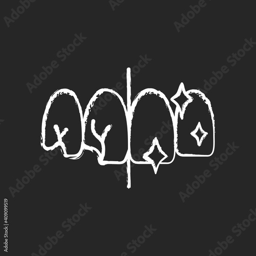 Tooth restoration chalk white icon on black background. Dental procedures. Professional oral care. Instruments for dental treatment. Cosmetic dentistry. Isolated vector chalkboard illustration