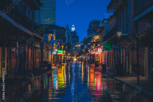 The famous Bourbon street in New Orleans without people in the morning photo