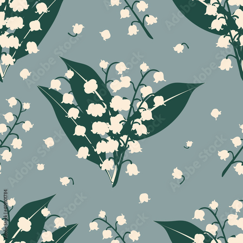 Seamless spring pattern with lilies of the valley on a gray background. Template for printing on fabrics, textiles, bedding, pillows, wrapping paper. Vector illustration.