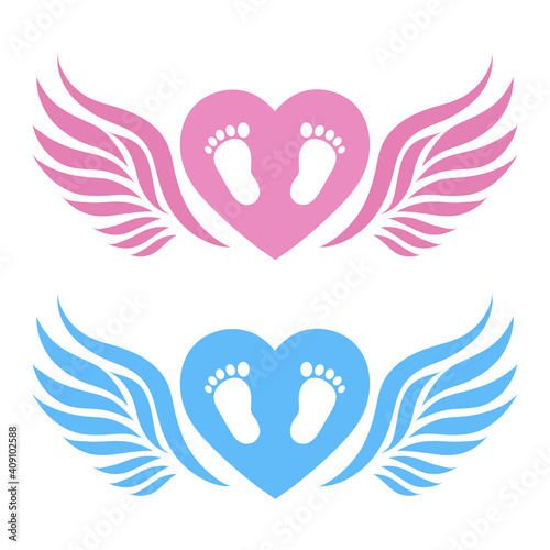 emblem footprints of a newborn baby boy and girl with wings and heart on a white background