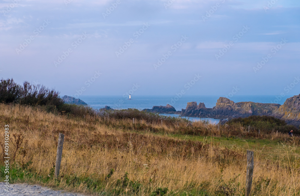 View of the Ile des Landes and Herpin lighthouse from the Pointe du Grouin near Cancale, Ille-et-Vilaine, Brittany, France