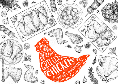 Chicken meat. Grilled and Fried chicken. Hand drawn sketch illustration. Grilled chicken meat top view frame. Vector illustration. Engraved design. Restaurant menu design template.
