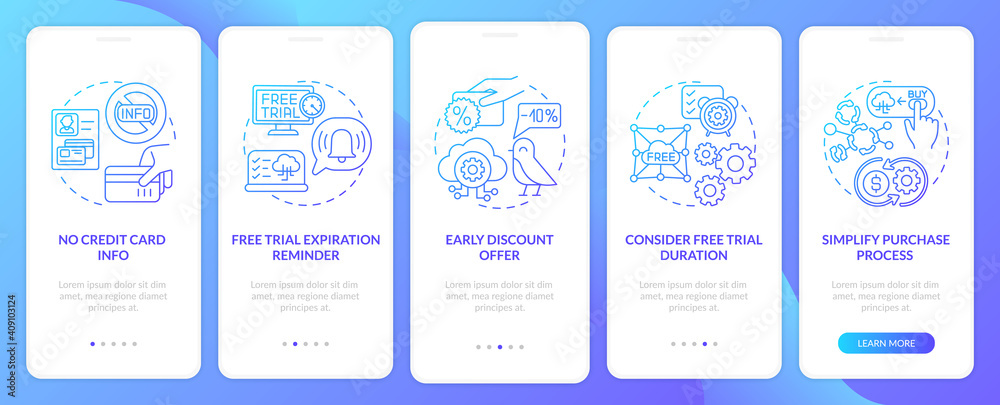 Free SaaS trial onboarding mobile app page screen with concepts. Expiration reminder, duration walkthrough 5 steps graphic instructions. UI vector template with RGB color illustrations