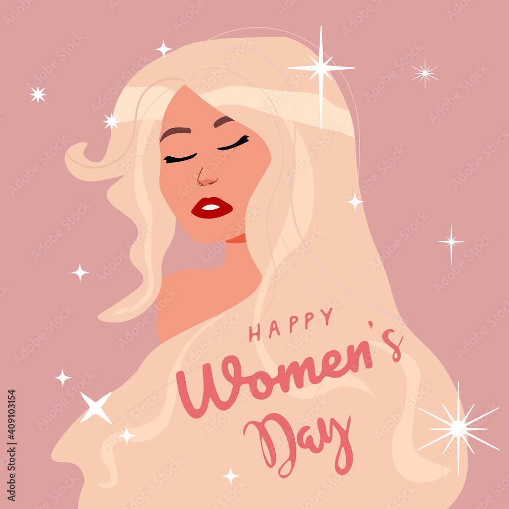 8 March, International Women's Day. Charming happy girl with long hair. Vector template with for card, poster, flyer and other users