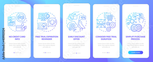 Free SaaS trial onboarding mobile app page screen with concepts. Expiration reminder, duration walkthrough 5 steps graphic instructions. UI vector template with RGB color illustrations