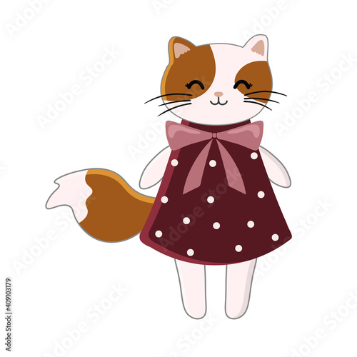 Cat girl in a dress, vector illustration on a white background. Can be used as a print on children's clothing, greeting cards, invitations to children's parties, room poster.
