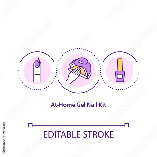 At-home gel nail kit concept icon. Home beauty treatment thin line illustration. DIY nail design. various tools for manicure. Vector isolated outline RGB color drawing. Editable stroke
