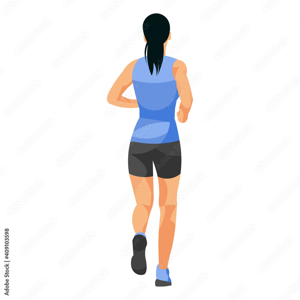 Asian girl runs in summer sportswear from the back Asian girl runs in summer sportswear from the back